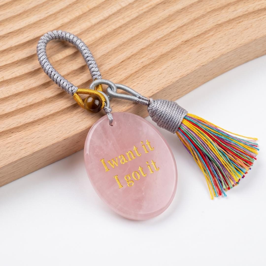 Mindfulness Crystal Bag Charm, I Want It I Got It Engraved Gemstone Keychain, Car Mirror Hanging Ornament, Graduation Manifestation Gift