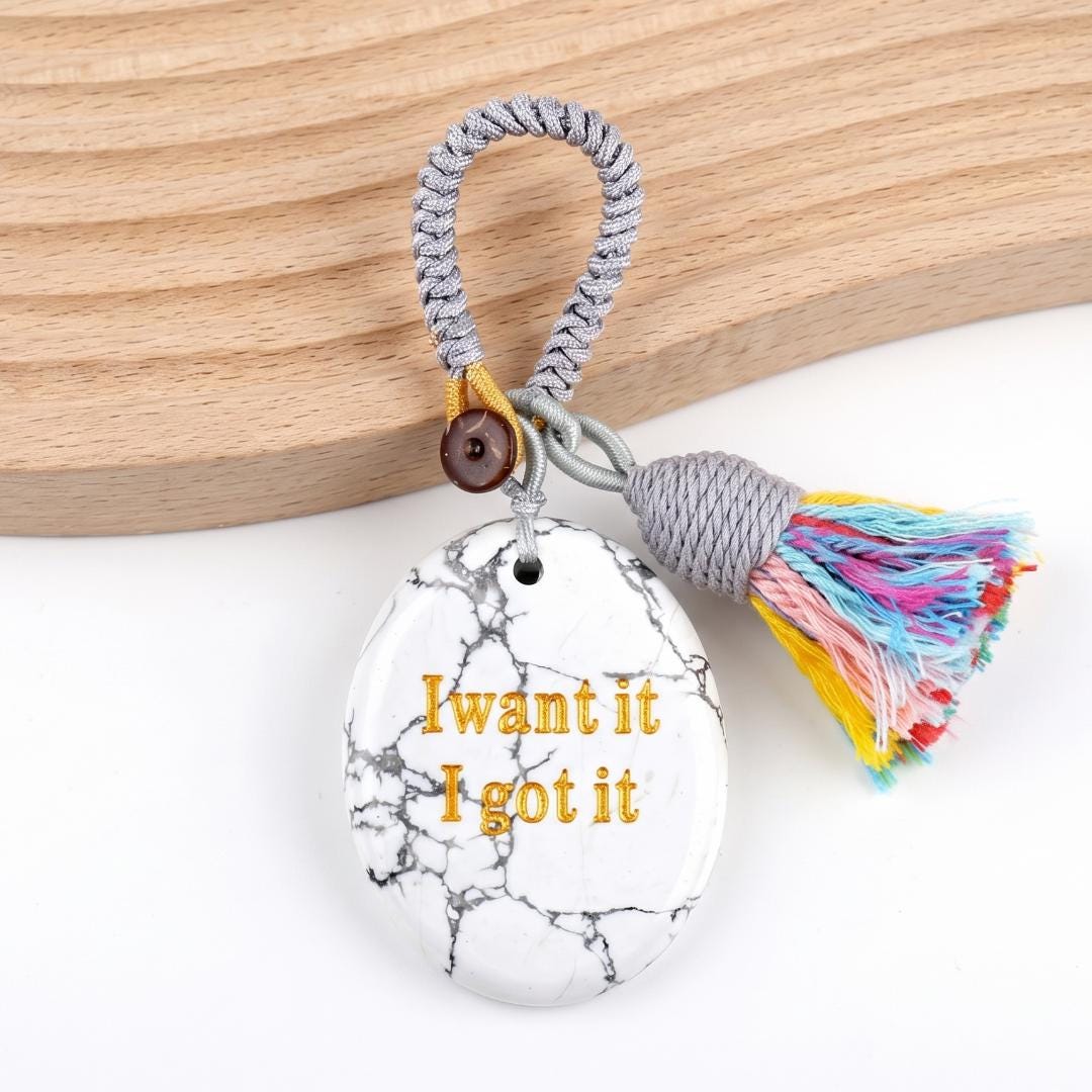 Mindfulness Crystal Bag Charm, I Want It I Got It Engraved Gemstone Keychain, Car Mirror Hanging Ornament, Graduation Manifestation Gift
