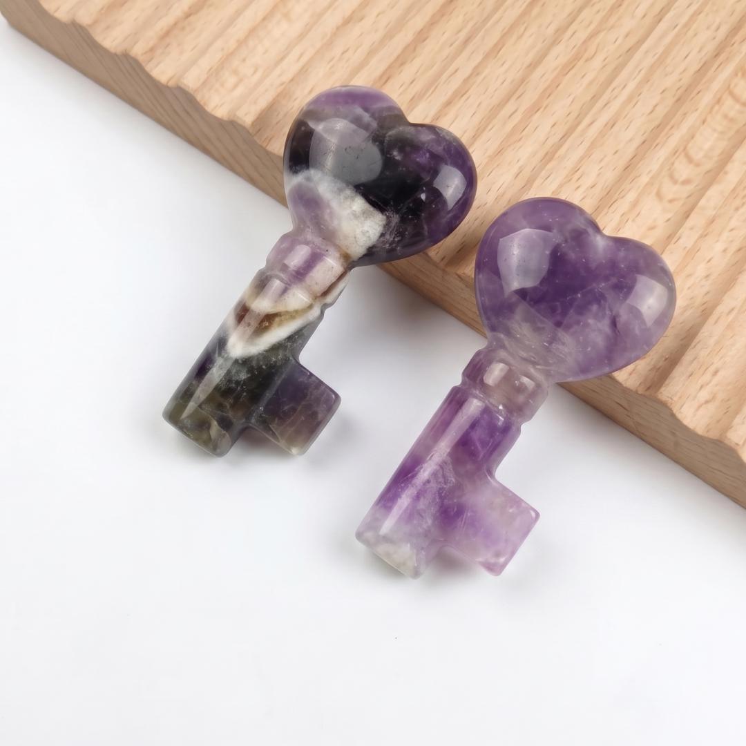 Gemstone Heart Key Pendant, Crystal Carving Key for Jewelry Making, Rose Quartz Amethyst Obsidian Key Charm, Healing Crystal Gift DIY