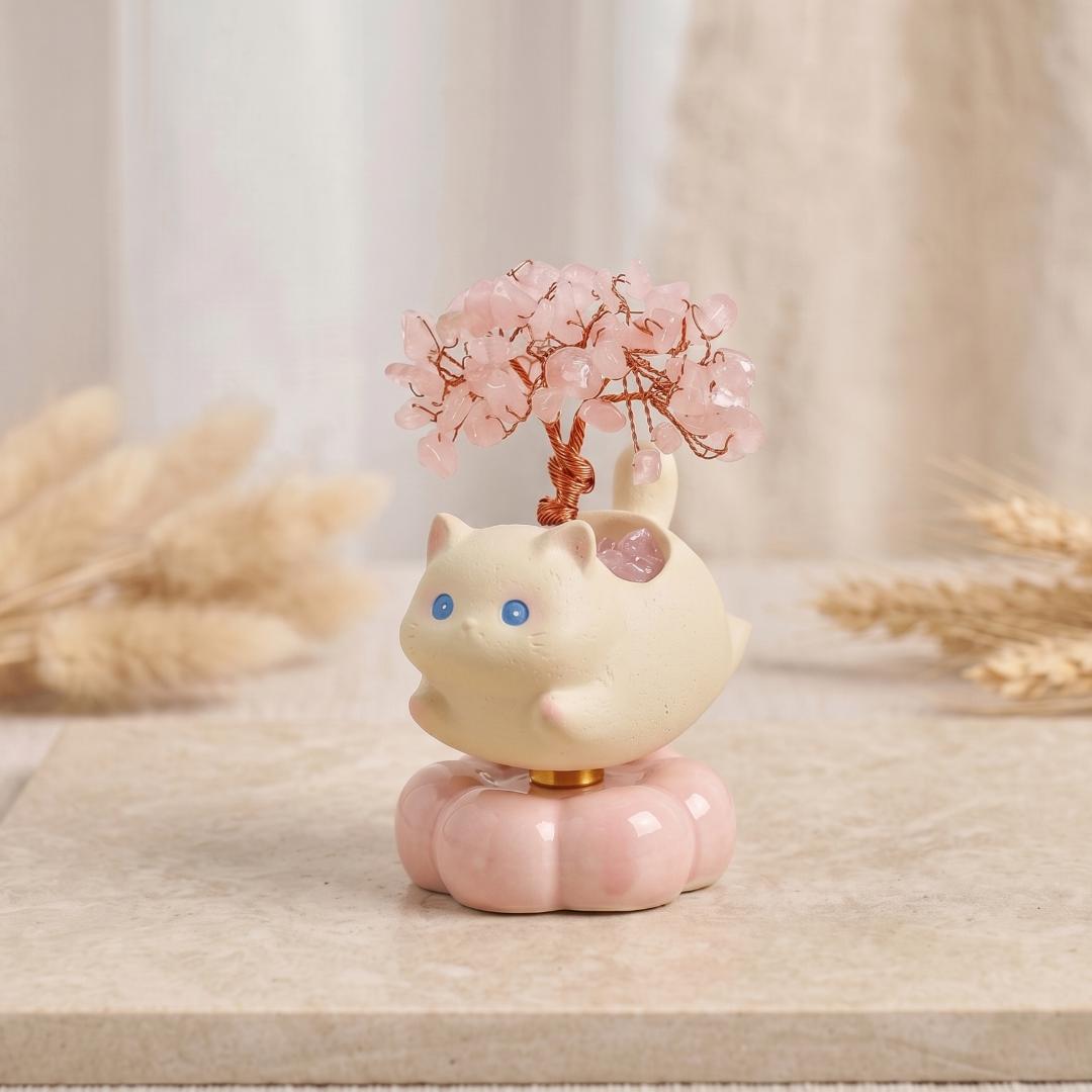 Spinning Lucky Cat Crystal Money Tree, Rotating Gemstone Feng Shui Tree, Cute Cat Lover Gift for Her, Interactive Calming Desk Toy Ornament