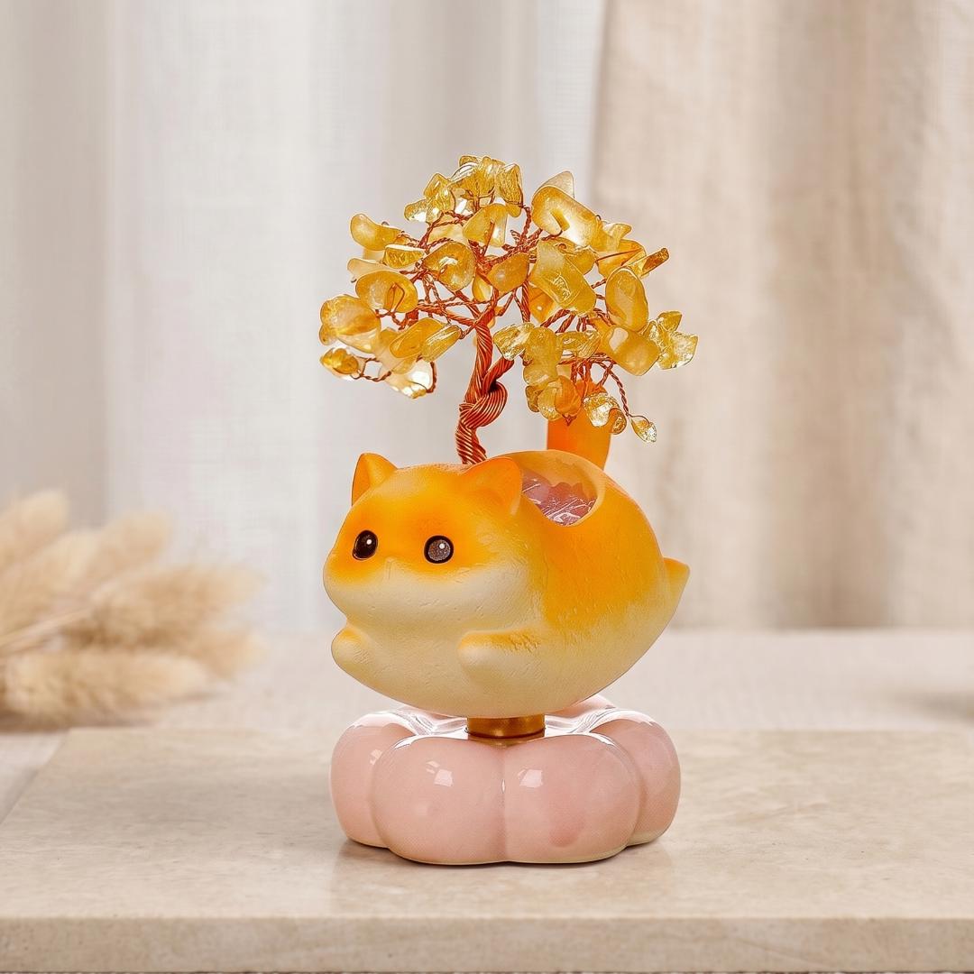 Spinning Lucky Cat Crystal Money Tree, Rotating Gemstone Feng Shui Tree, Cute Cat Lover Gift for Her, Interactive Calming Desk Toy Ornament