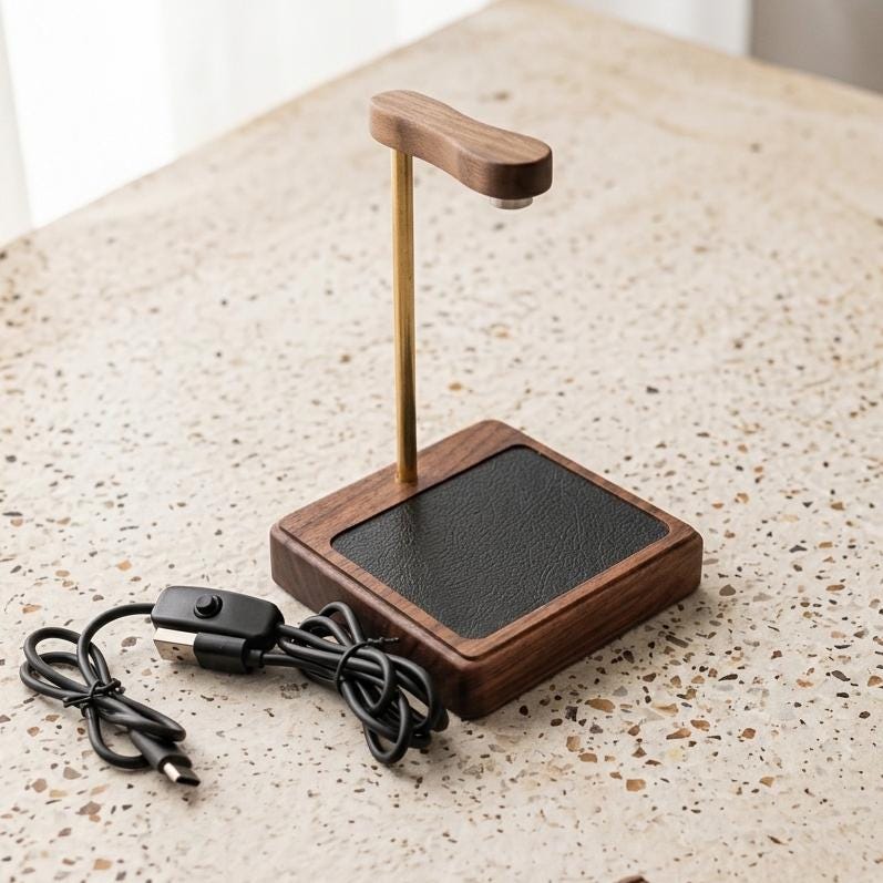 LED Spotlight Crystal Display Base, Walnut Wood Stand for Crystals & Minerals, Custom Brass Nameplate, Cordless Battery or USB Toy Showcase