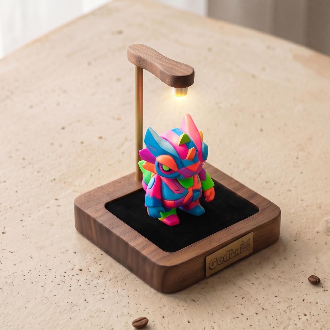 LED Spotlight Crystal Display Base, Walnut Wood Stand for Crystals & Minerals, Custom Brass Nameplate, Cordless Battery or USB Toy Showcase