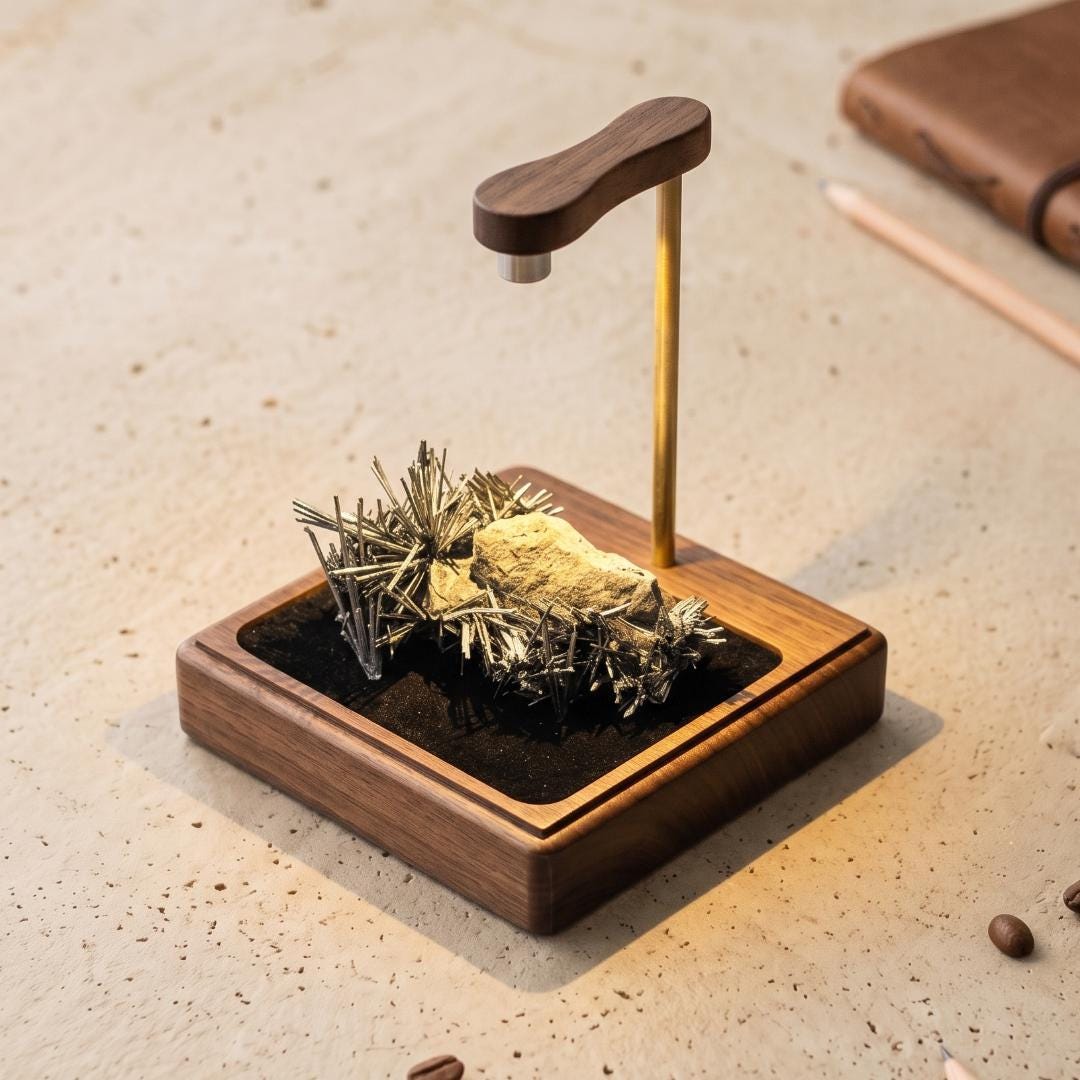 LED Spotlight Crystal Display Base, Walnut Wood Stand for Crystals & Minerals, Custom Brass Nameplate, Cordless Battery or USB Toy Showcase