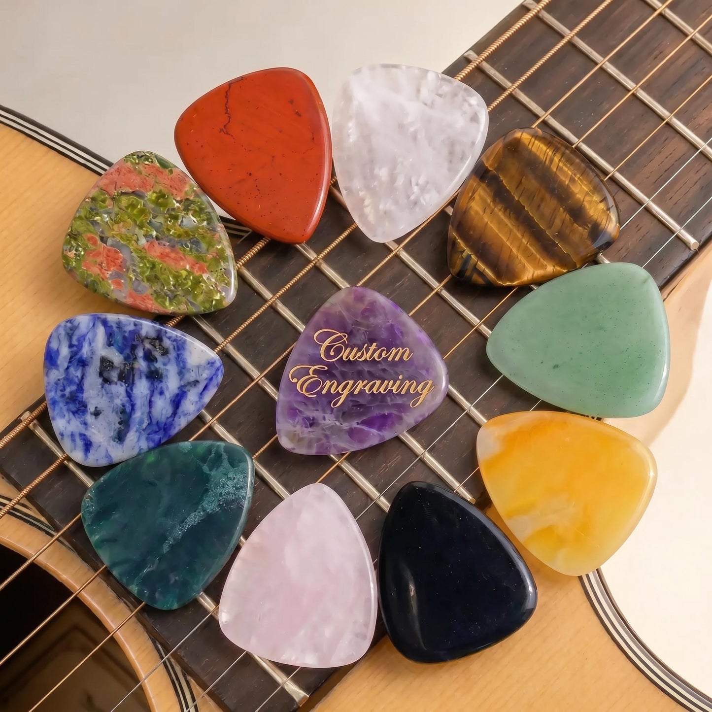 Custom Engraved Gemstone Guitar Picks, Natural Crystal Stone Plectrums, Personalized Music Gift, Rose Amethyst Lapis, Custom Musician Gift