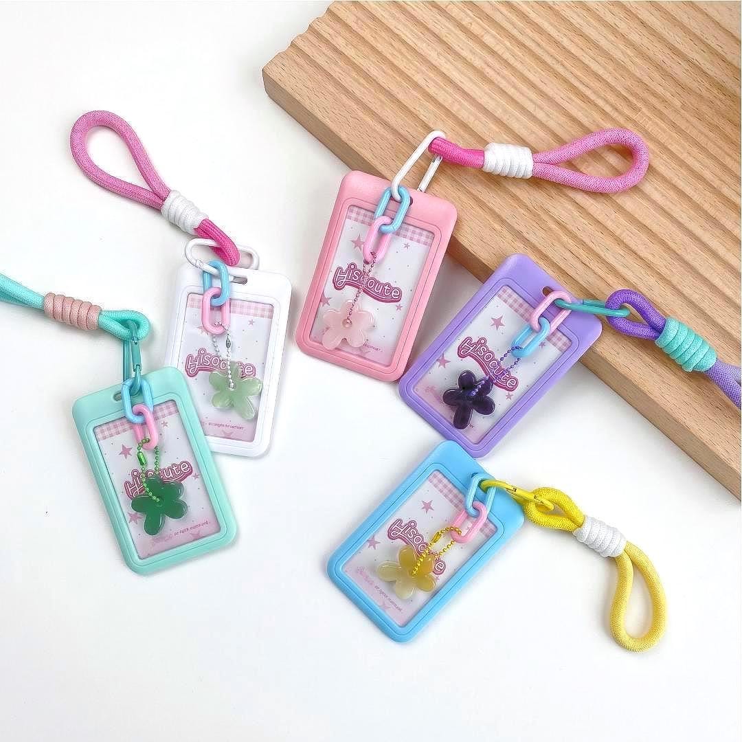 Natural Crystal Flower Photocard Holder, Gemstone Daisy ID Badge Sleeve, Kawaii Campus Card Protector, Office Keychain Gift for Student