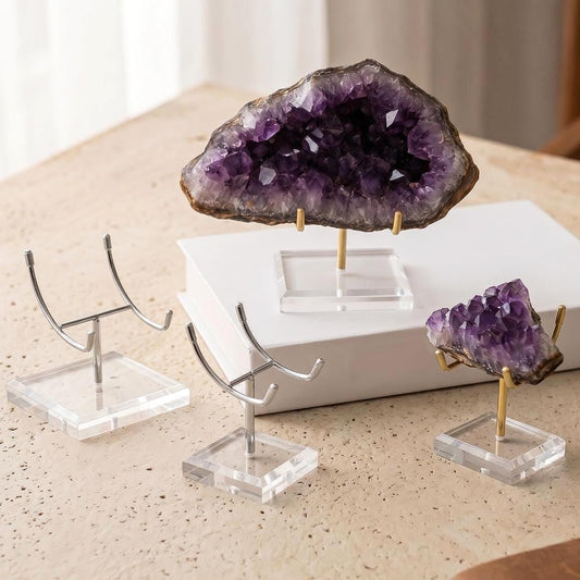 4-Prong Acrylic Crystal Display Stand for Large Geodes & Fossils, Heavy Duty Metal Arm Mineral Specimen Pedestal, Unique Collector Gift