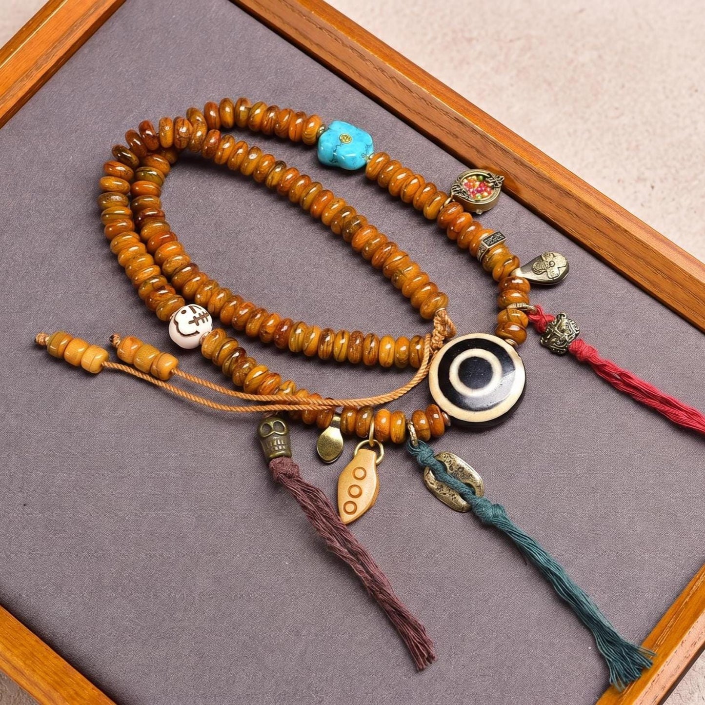 Himalayan 3 Eyes Dzi Bead, Etched Agate Spacer, Totem Marker Beads for Mala Necklace Making, Ethnic Geometry Jewelry Supplies Craft Gift
