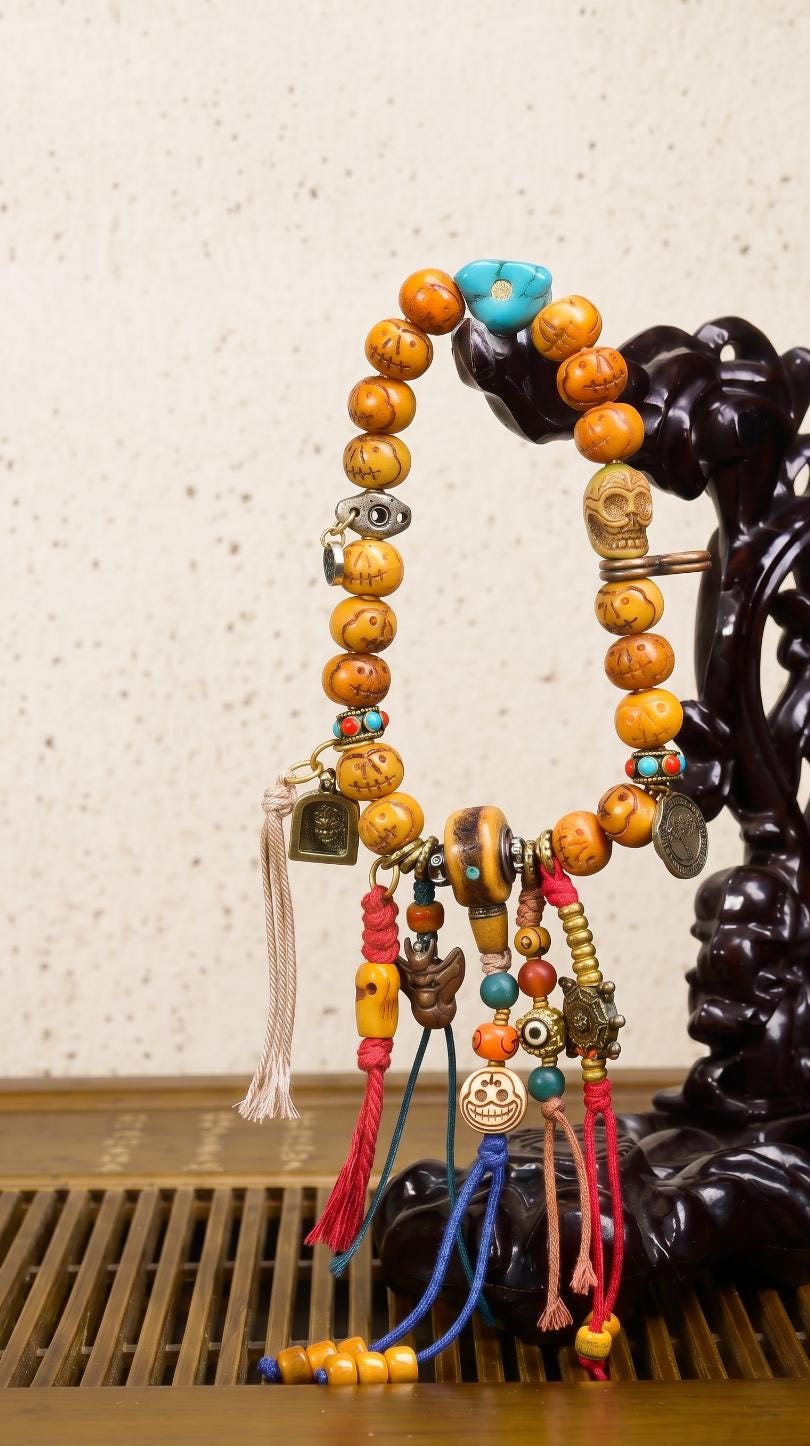 Himalayan Inlaid Turquoise Agate Dzi Pendant, Mystical Totem Charm with Brass End Caps, Tribal Marker Bead for Mala Necklace Jewelry