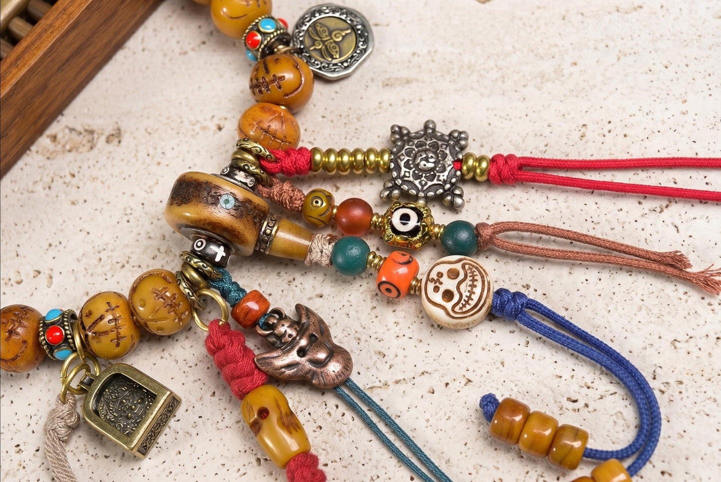 Himalayan Inlaid Turquoise Agate Dzi Pendant, Mystical Totem Charm with Brass End Caps, Tribal Marker Bead for Mala Necklace Jewelry