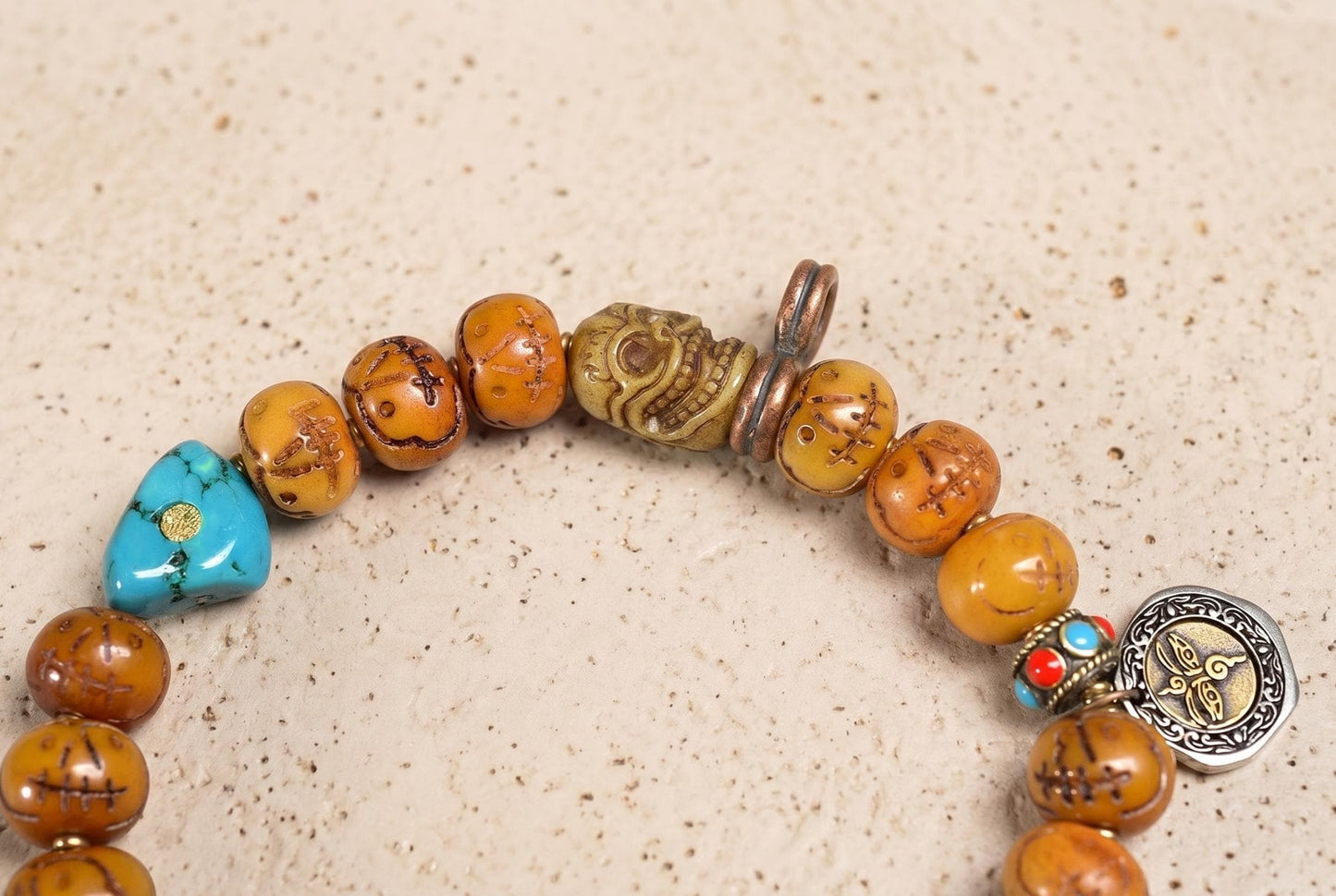 Himalayan Inlaid Turquoise Agate Dzi Pendant, Mystical Totem Charm with Brass End Caps, Tribal Marker Bead for Mala Necklace Jewelry