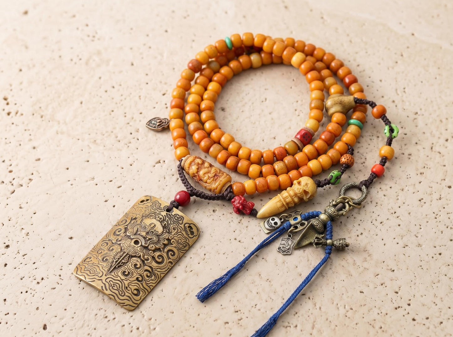 108 Mala Beads Necklace with Mahakala Pendant, Brass Vajra Bell Counter Clip, Esoteric Totem Amulet, Spiritual Yoga Meditation Jewelry