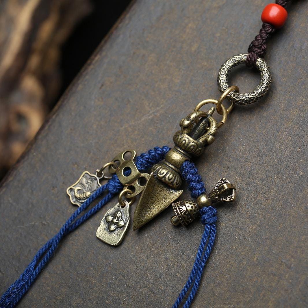 108 Mala Beads Necklace with Mahakala Pendant, Brass Vajra Bell Counter Clip, Esoteric Totem Amulet, Spiritual Yoga Meditation Jewelry