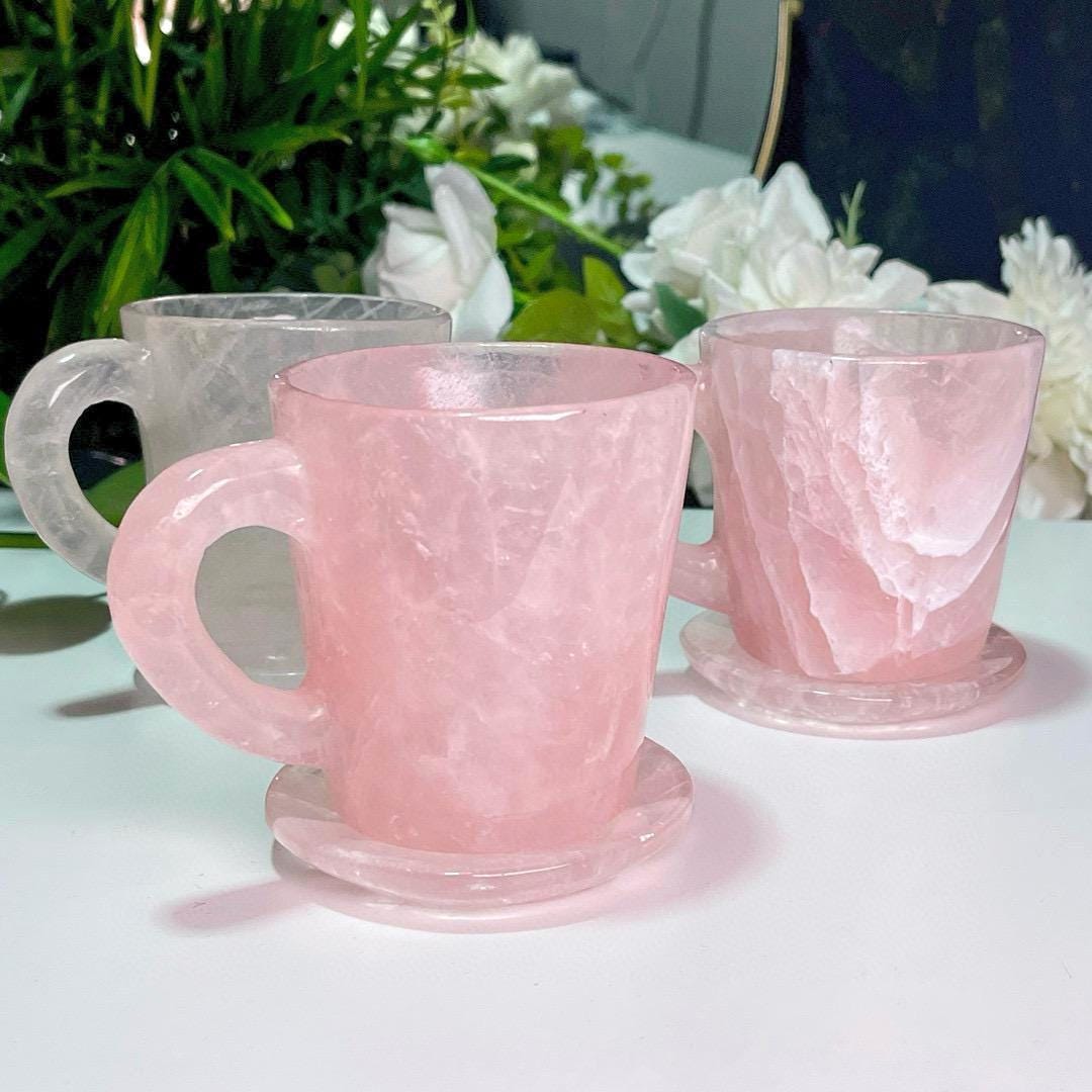 Hand-Carved Rose Quartz Heart Coffee Mug Set, Crystal Tea Cups, Romantic Boho Drinkware for Wedding Favors, Customizable Valentine’s Gift