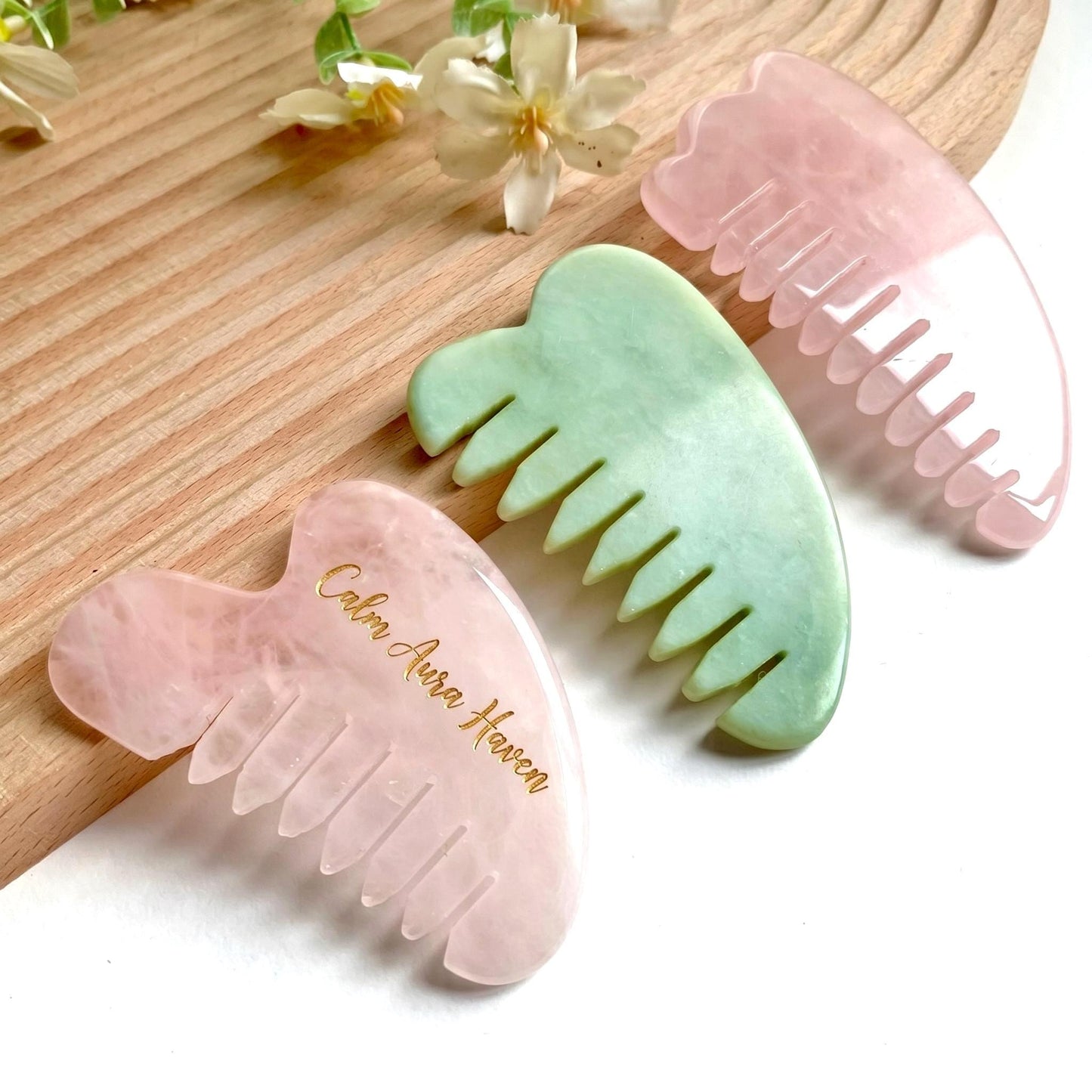 Natural Jade Scalp Massage Comb, Rose Quartz Hairbrush, Self-Care Tool, Gift for Mom