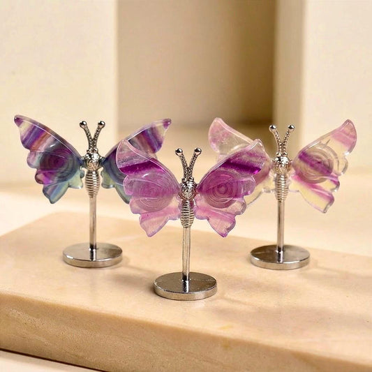 Rainbow Fluorite Butterfly & Dragonfly Figurine, Fairy Garden Miniature Accessory, Crystal Insect Decor on Stand, Nature Inspired Ornament