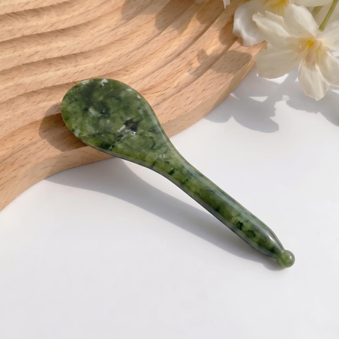 Natural Green Jade Gua Sha Tool Set, Facial Massage Wand & Eye Massage Spoon, Crystal Stone Massager for Face Body, Self-Care Gift