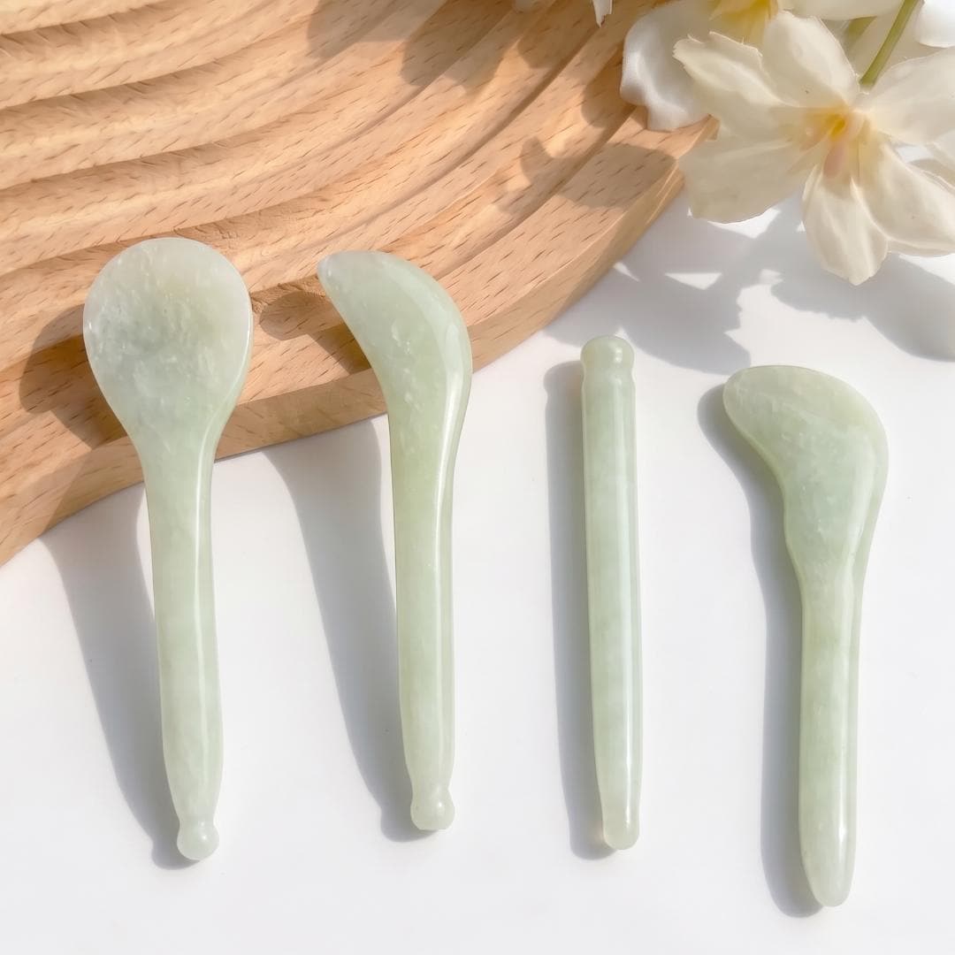 Natural Green Jade Gua Sha Tool Set, Facial Massage Wand & Eye Massage Spoon, Crystal Stone Massager for Face Body, Self-Care Gift