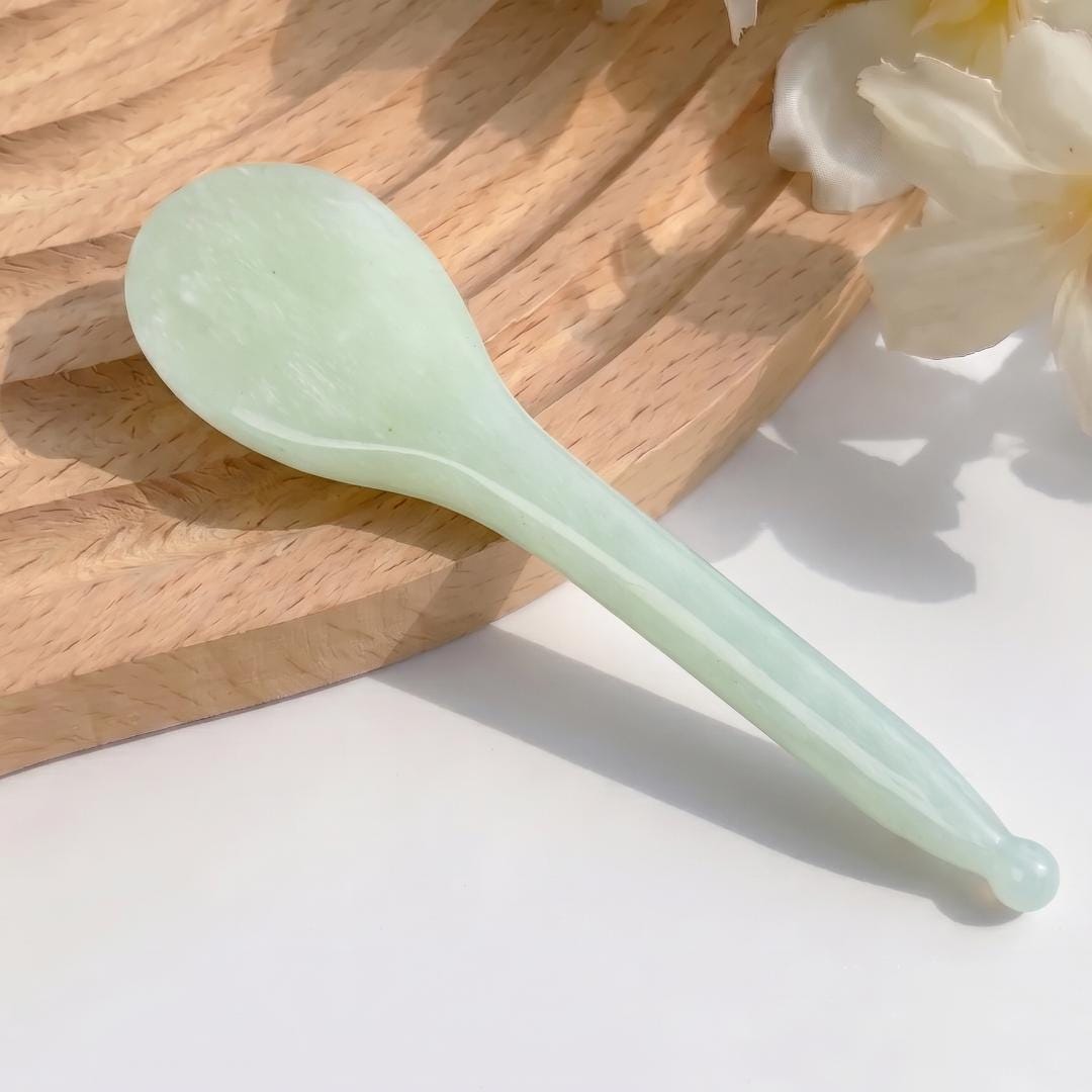 Natural Green Jade Gua Sha Tool Set, Facial Massage Wand & Eye Massage Spoon, Crystal Stone Massager for Face Body, Self-Care Gift