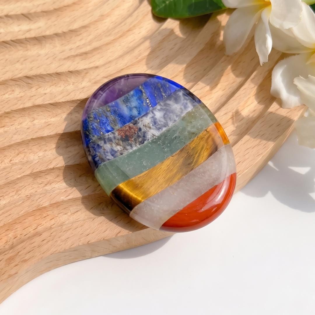 7 Chakra Sensory Stone & Worry Stone, Gemstone Thumb Stone Gua Sha, Smooth Palm Stone for Relaxation, Yoga Meditation Token, Unique Gift