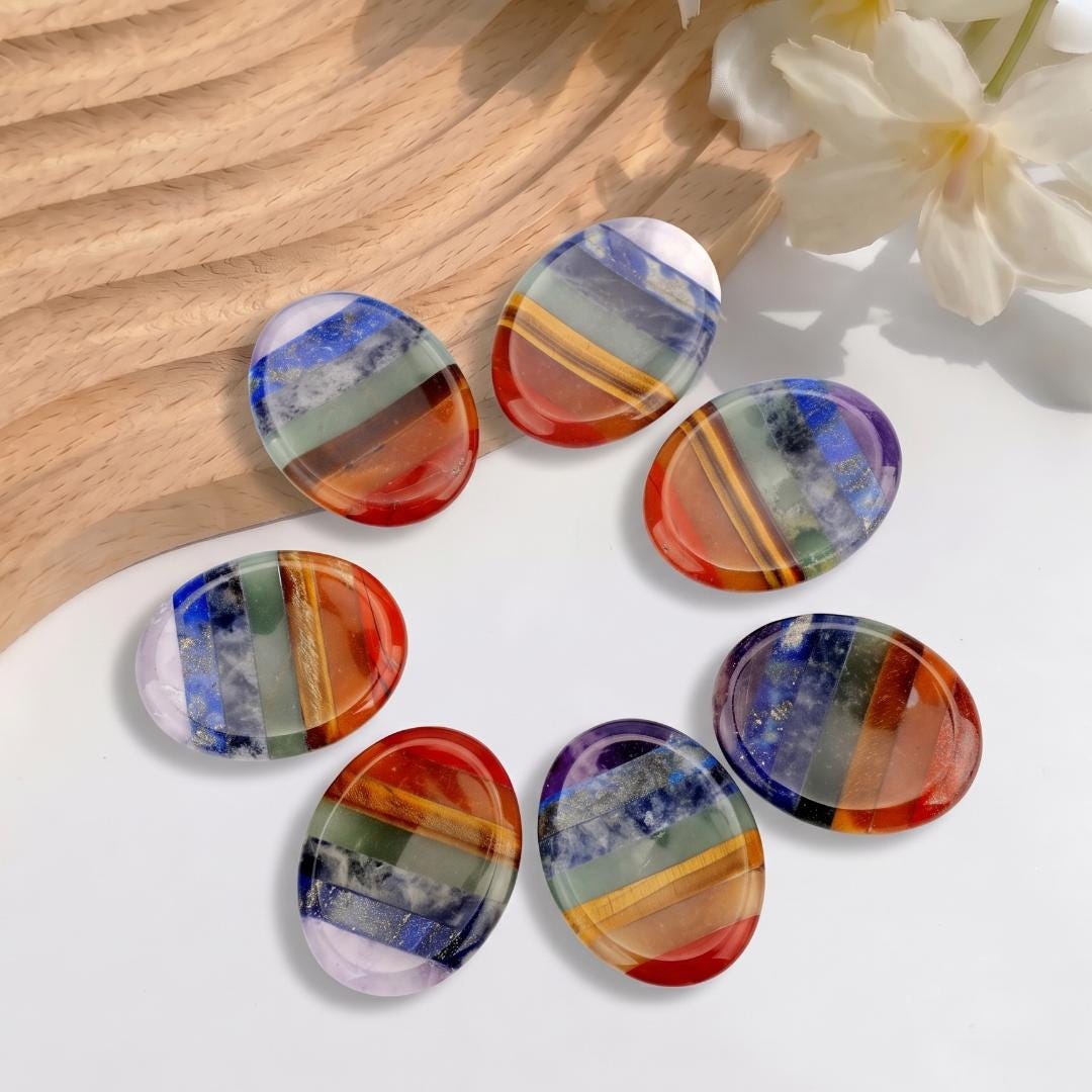 7 Chakra Sensory Stone & Worry Stone, Gemstone Thumb Stone Gua Sha, Smooth Palm Stone for Relaxation, Yoga Meditation Token, Unique Gift