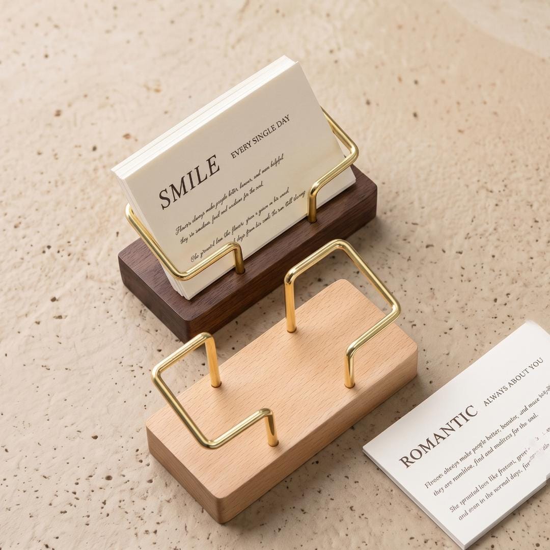 Walnut Wood Business Card Holder with Brass Accent, Desktop Storage Organizer Box, Minimalist Office Desk Decor Stand Coworker Gift Idea