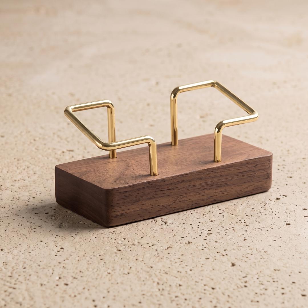 Walnut Wood Business Card Holder with Brass Accent, Desktop Storage Organizer Box, Minimalist Office Desk Decor Stand Coworker Gift Idea