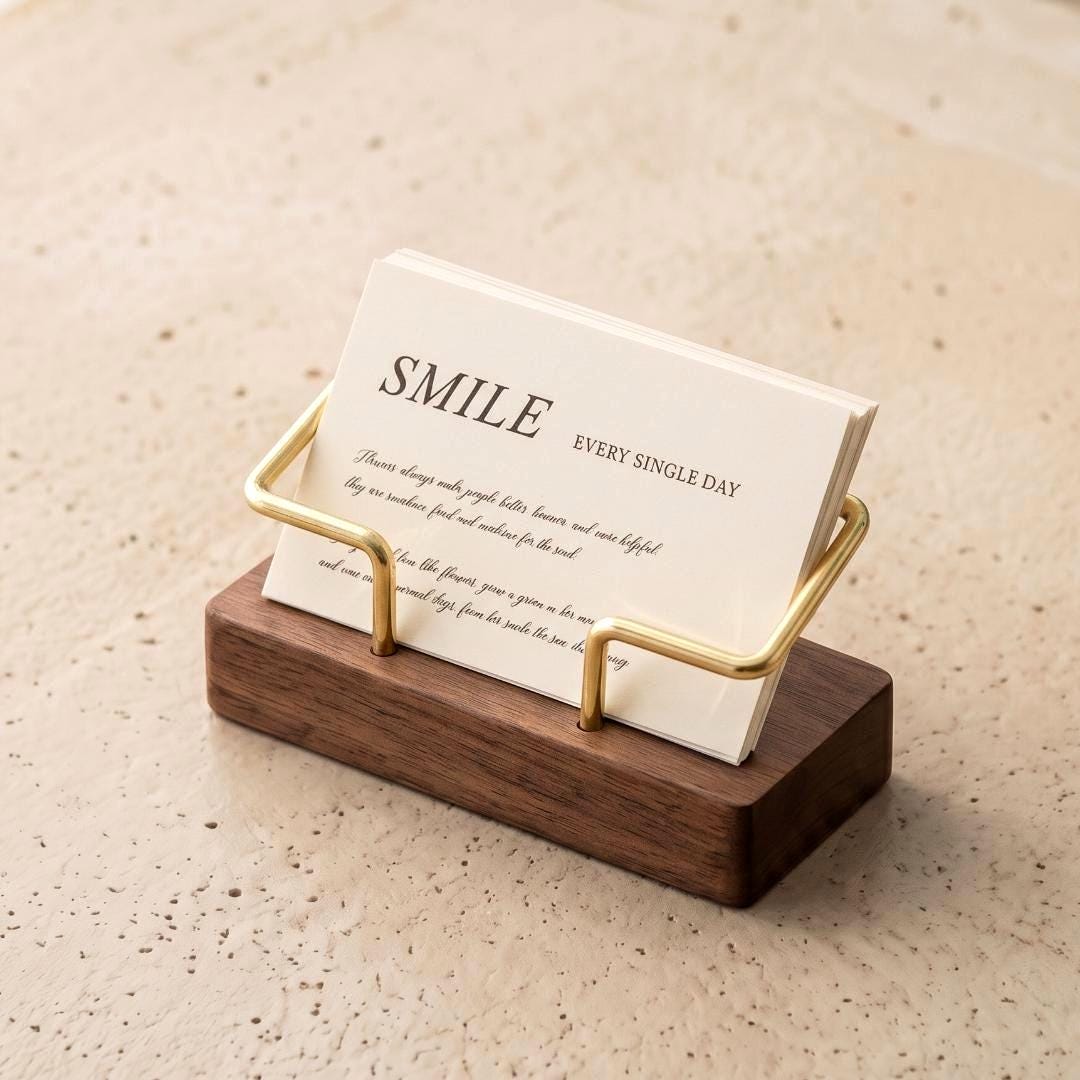 Walnut Wood Business Card Holder with Brass Accent, Desktop Storage Organizer Box, Minimalist Office Desk Decor Stand Coworker Gift Idea