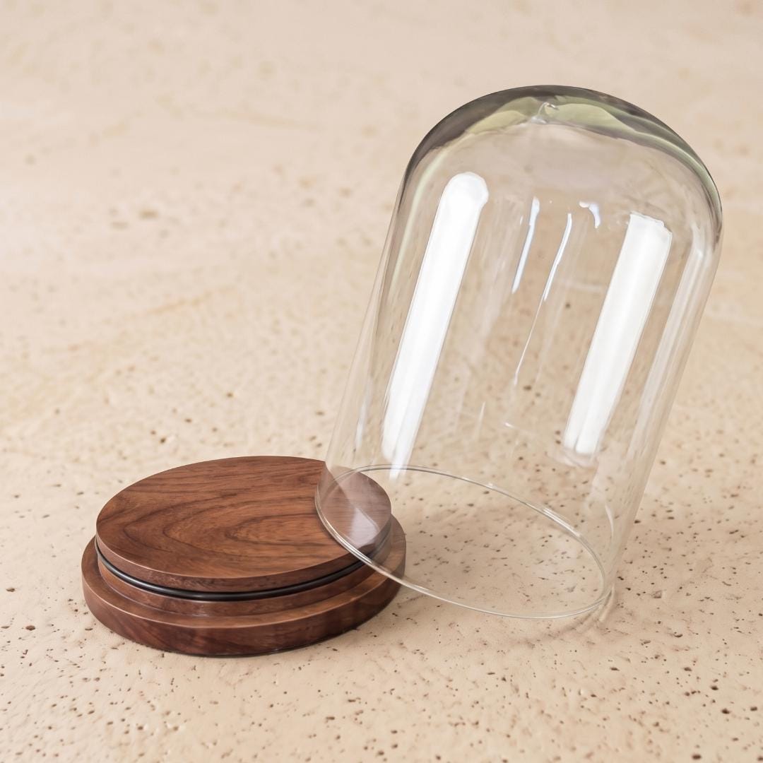 Custom Glass Cloche Dome with Wooden Base, Personalized Nameplate Display Case for Crystals Mineral Specimen, Preserved Flower Gift Stand