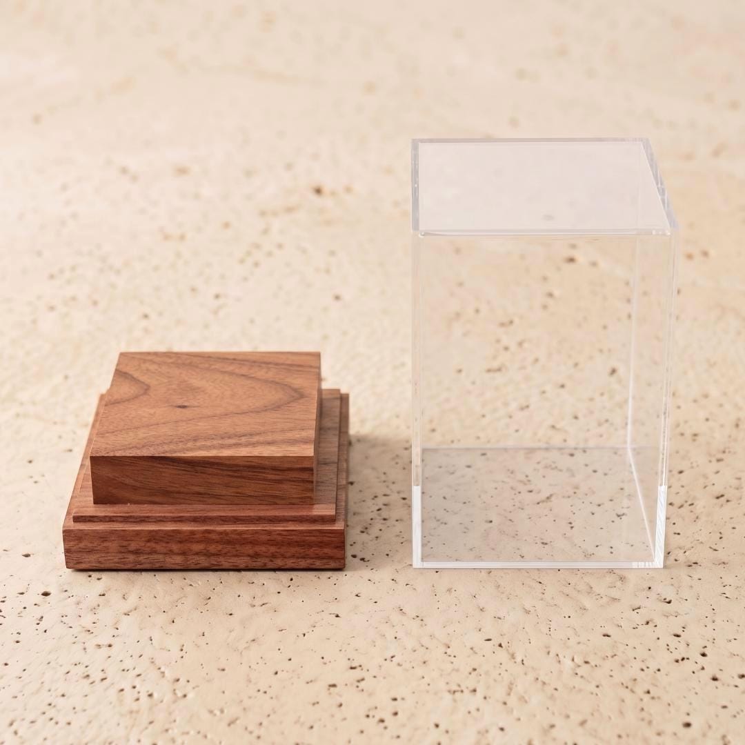Acrylic Crystal Display Case, Mineral Specimen Wooden Boxes, Figurine Blind Box Showcase, Custom Engraved Nameplate LED Option Gift