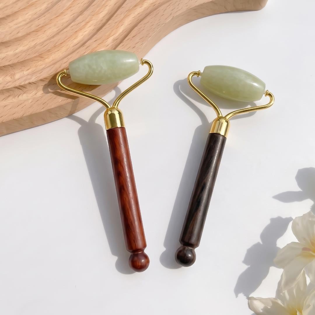 Natural Jade Facial Roller with Wooden Acupoint Massage Handle, Handheld Gemstone Face Massager, Skincare Ritual Tool, Relaxation Gift