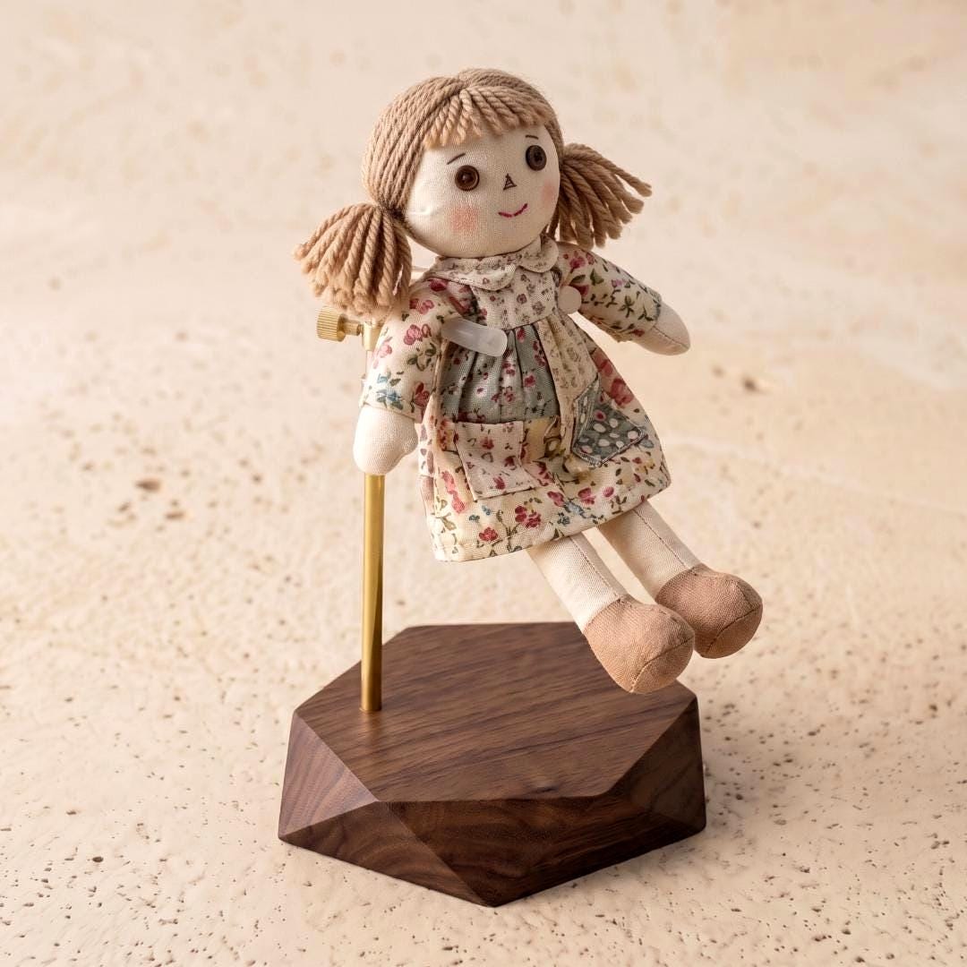 Luxury Brass Metal Doll Stand, Walnut Wood Base Show Stand, Telescoping Adjustable Holder for Art Dolls, Heavy Figurine Base