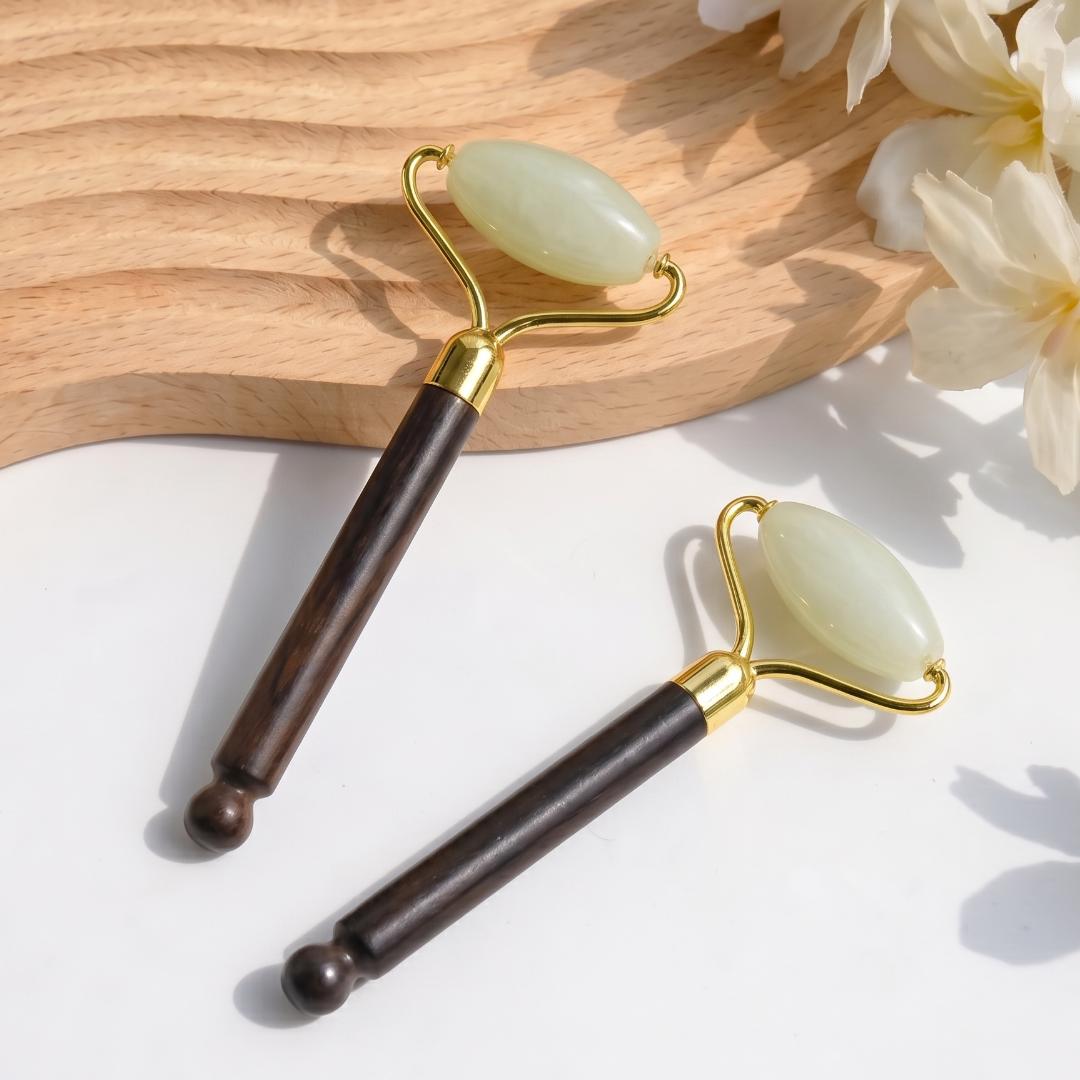 Natural Jade Facial Roller with Wooden Acupoint Massage Handle, Handheld Gemstone Face Massager, Skincare Ritual Tool, Relaxation Gift