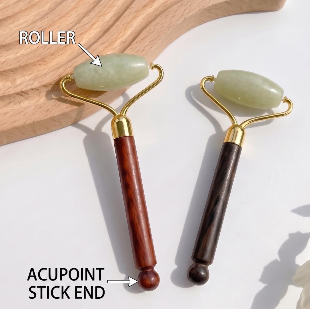 Natural Jade Facial Roller with Wooden Acupoint Massage Handle, Handheld Gemstone Face Massager, Skincare Ritual Tool, Relaxation Gift