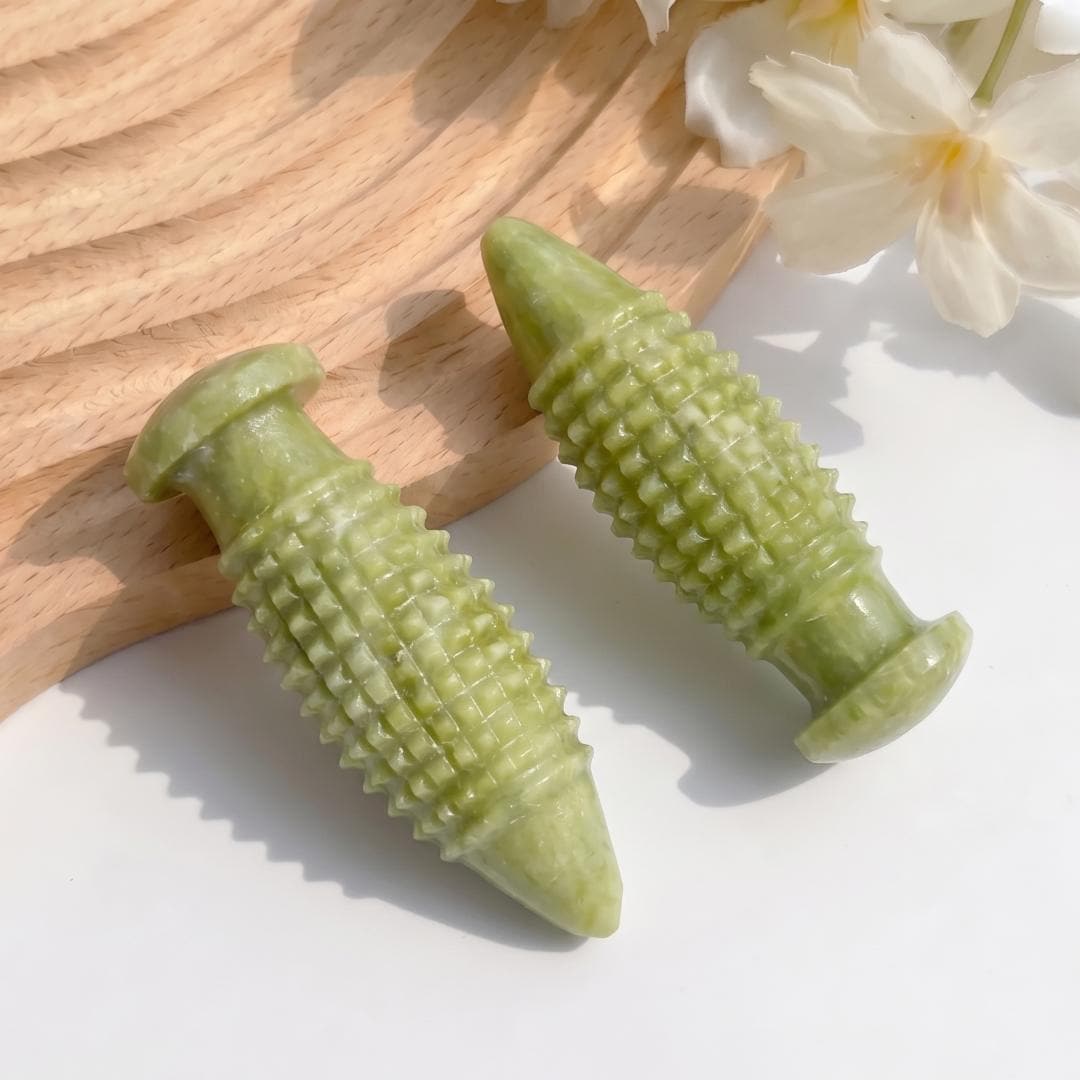 Natural Green Phoenix Jade Stone Massager, Tactile Spiky Ball and Point Massage Rod for Daily Relaxation, Compact Wellness Gift for Her