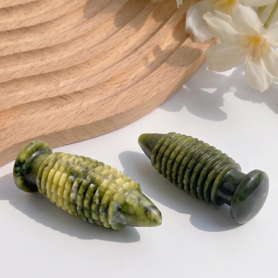 Natural Green Phoenix Jade Stone Massager, Tactile Spiky Ball and Point Massage Rod for Daily Relaxation, Compact Wellness Gift for Her