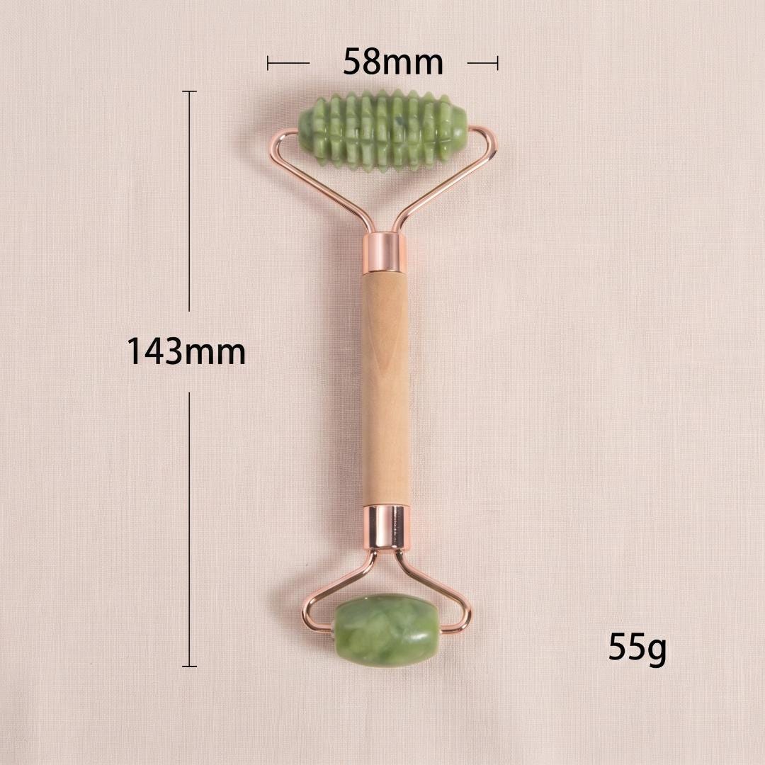 Luxury Jade Facial Roller, Natural Stone Massager with Wooden Base, Premium Skincare Vanity Display Stand, Wellness Self Care Gift for Her