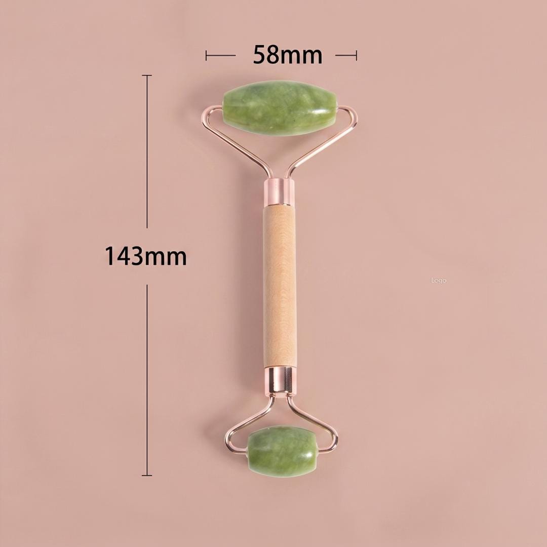 Luxury Jade Facial Roller, Natural Stone Massager with Wooden Base, Premium Skincare Vanity Display Stand, Wellness Self Care Gift for Her