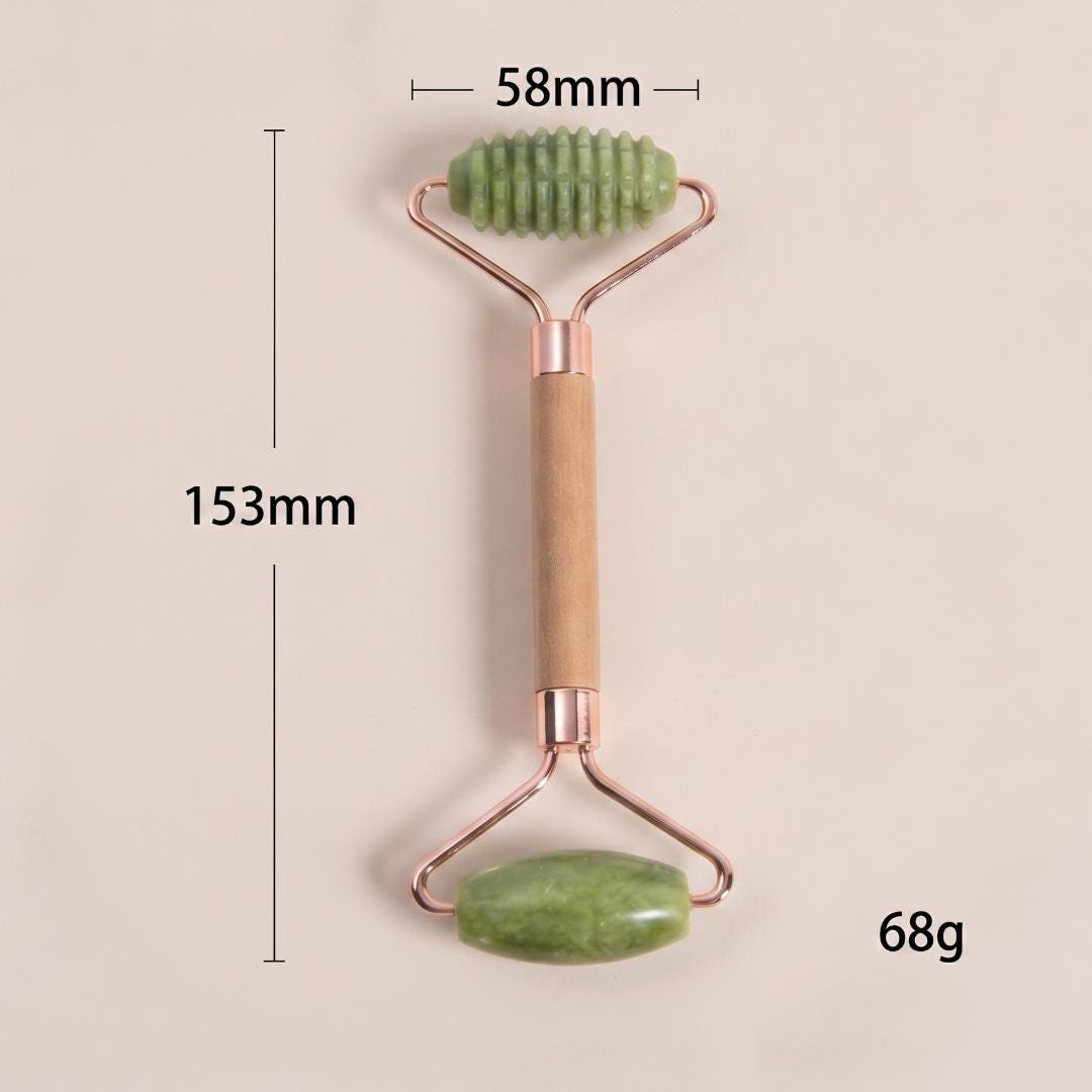 Luxury Jade Facial Roller, Natural Stone Massager with Wooden Base, Premium Skincare Vanity Display Stand, Wellness Self Care Gift for Her