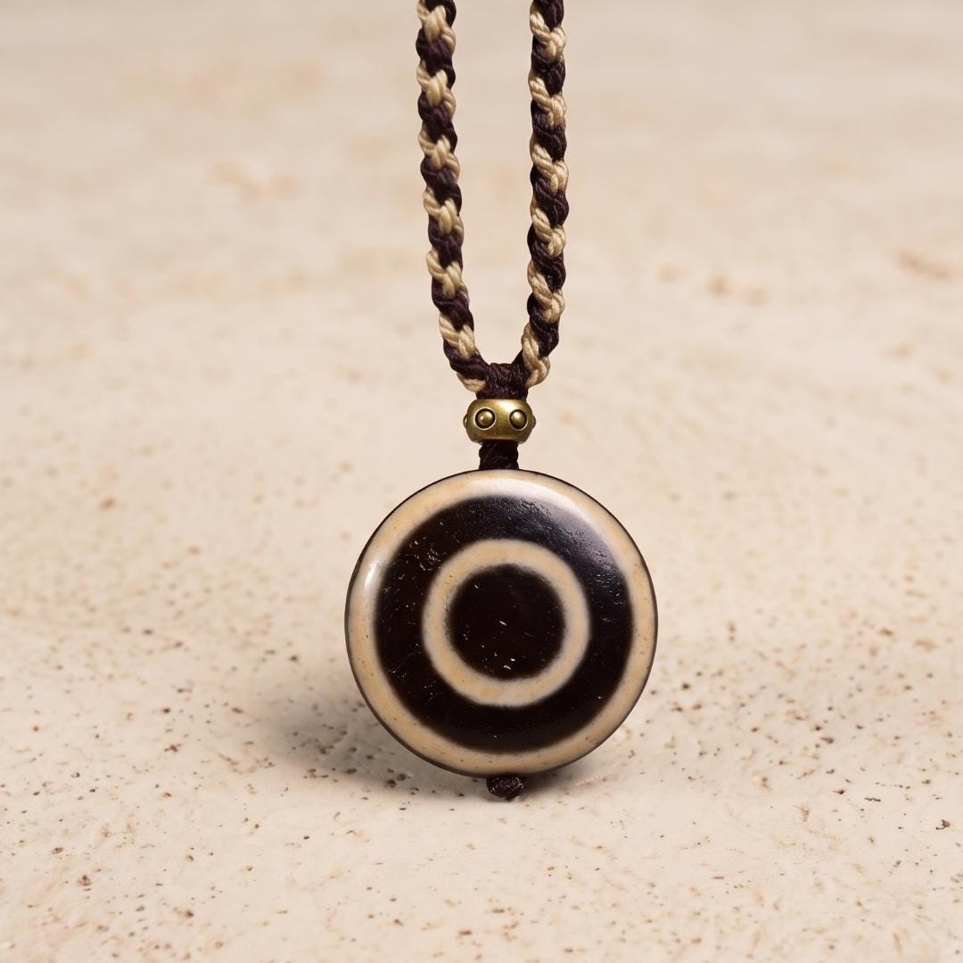 Tibetan Eye Dzi Bead Pendant Necklace, Genuine Natural Agate Amulet Stone Jewelry, Handwoven Braided Cord Talisman, Gift for Him Her