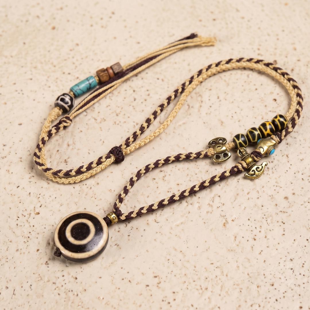 Tibetan Eye Dzi Bead Pendant Necklace, Genuine Natural Agate Amulet Stone Jewelry, Handwoven Braided Cord Talisman, Gift for Him Her