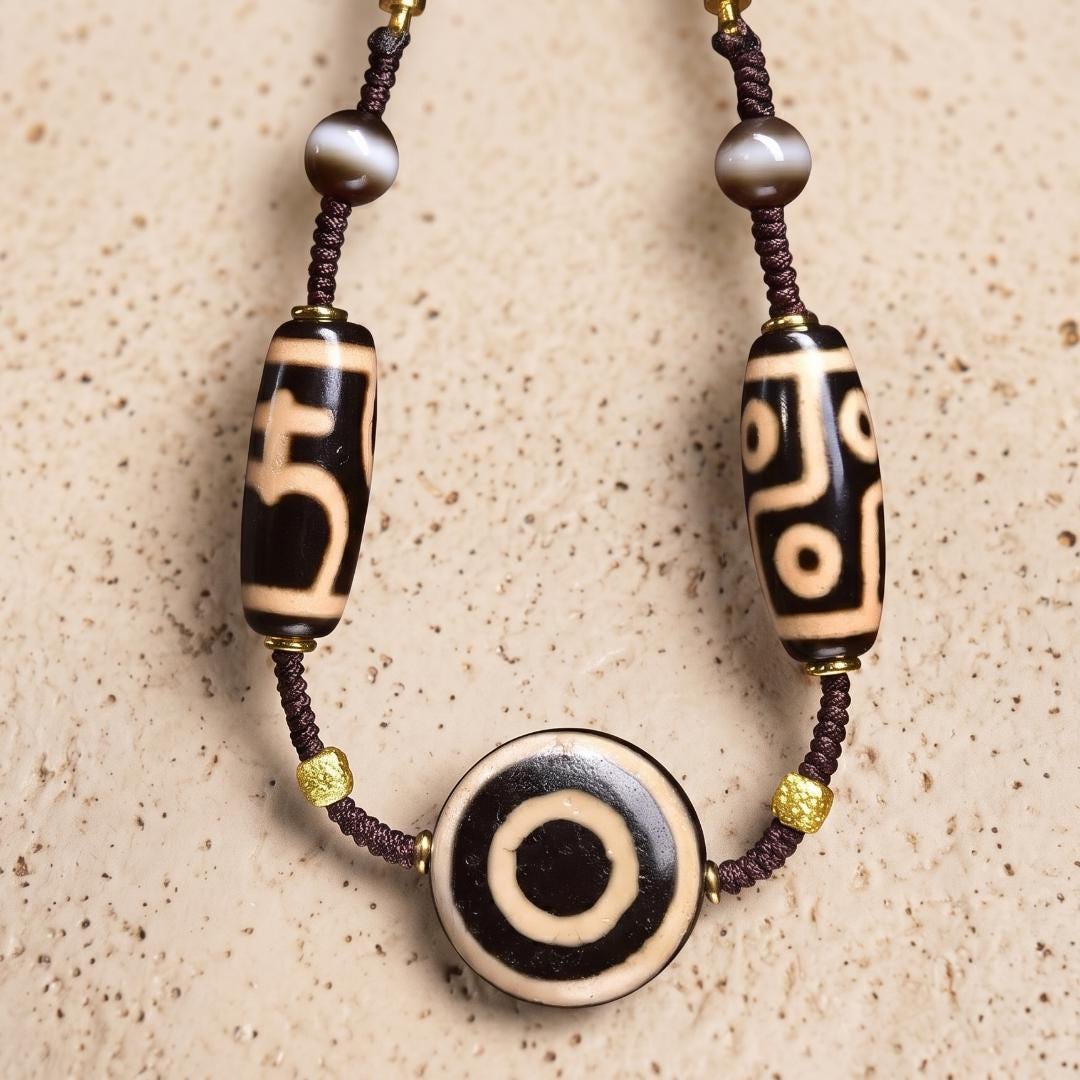 Tibetan Eye Dzi Bead Pendant Necklace, Genuine Natural Agate Amulet Stone Jewelry, Handwoven Braided Cord Talisman, Gift for Him Her