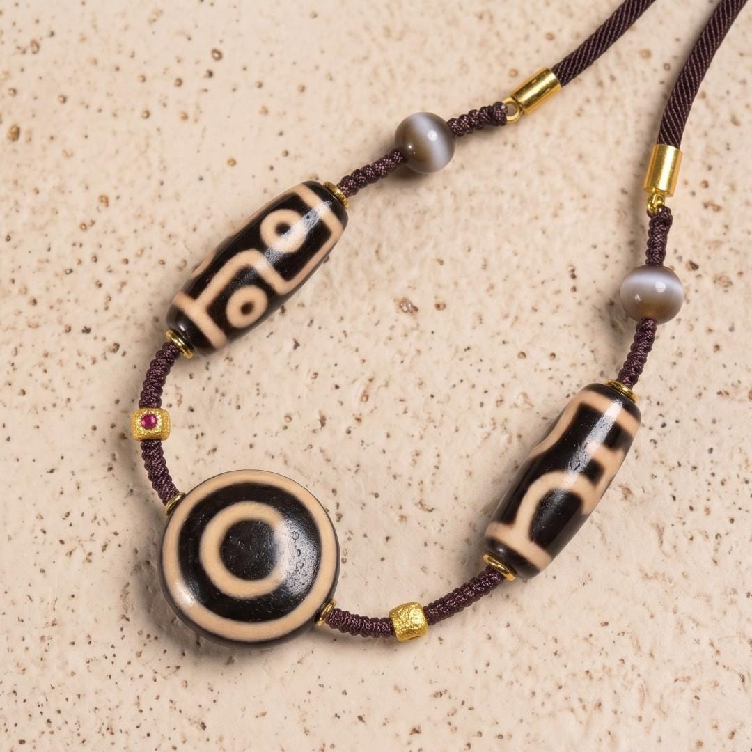 Tibetan Eye Dzi Bead Pendant Necklace, Genuine Natural Agate Amulet Stone Jewelry, Handwoven Braided Cord Talisman, Gift for Him Her