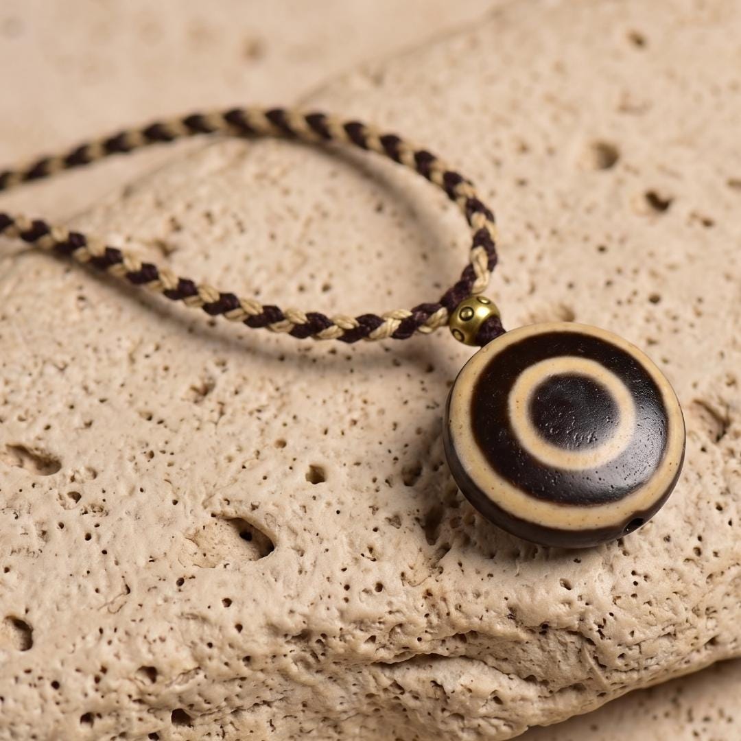 Tibetan Eye Dzi Bead Pendant Necklace, Genuine Natural Agate Amulet Stone Jewelry, Handwoven Braided Cord Talisman, Gift for Him Her