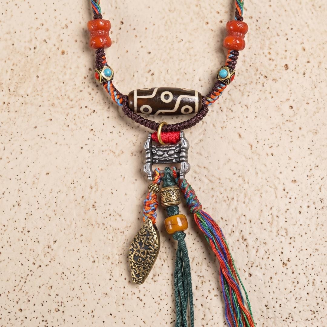 9 Eye Agate Pendant Necklace, Natural South Red Agate Lotus Disc, Artisan Beads Hand Woven Cord, Protection Yoga Meditation Gift