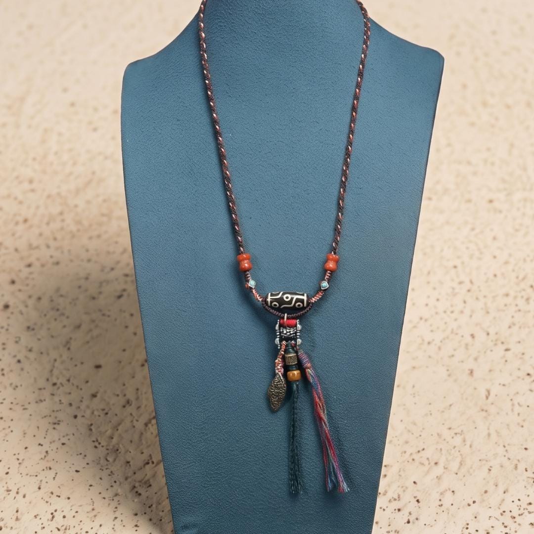 9 Eye Agate Pendant Necklace, Natural South Red Agate Lotus Disc, Artisan Beads Hand Woven Cord, Protection Yoga Meditation Gift