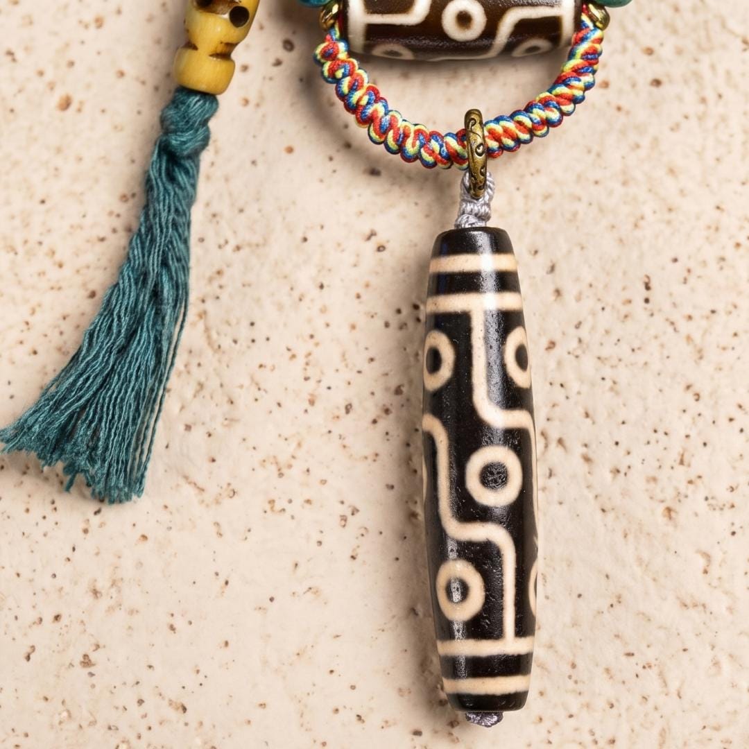 9 Eye Dzi Bead Necklace, Vintage Agate Amulet with Turquoise, Bronze Elephant Pendant, Natural Stone Mala Charm Jewelry