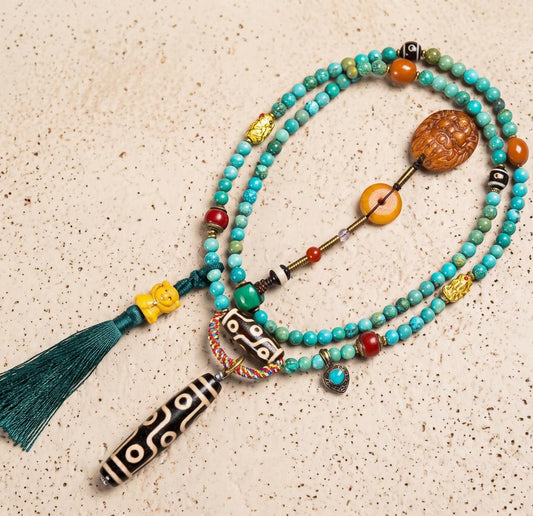 9 Eye Dzi Bead Necklace, Vintage Agate Amulet with Turquoise, Bronze Elephant Pendant, Natural Stone Mala Charm Jewelry