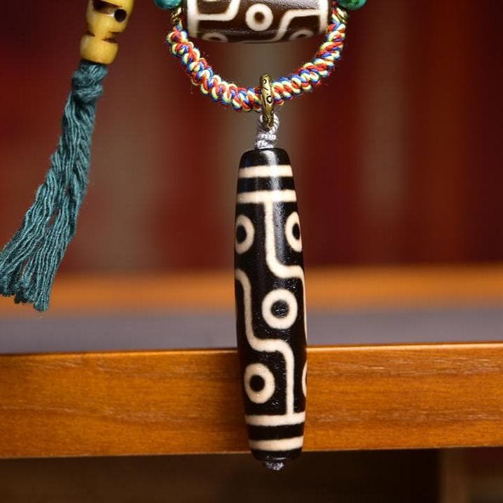 9 Eye Dzi Bead Necklace, Vintage Agate Amulet with Turquoise, Bronze Elephant Pendant, Natural Stone Mala Charm Jewelry
