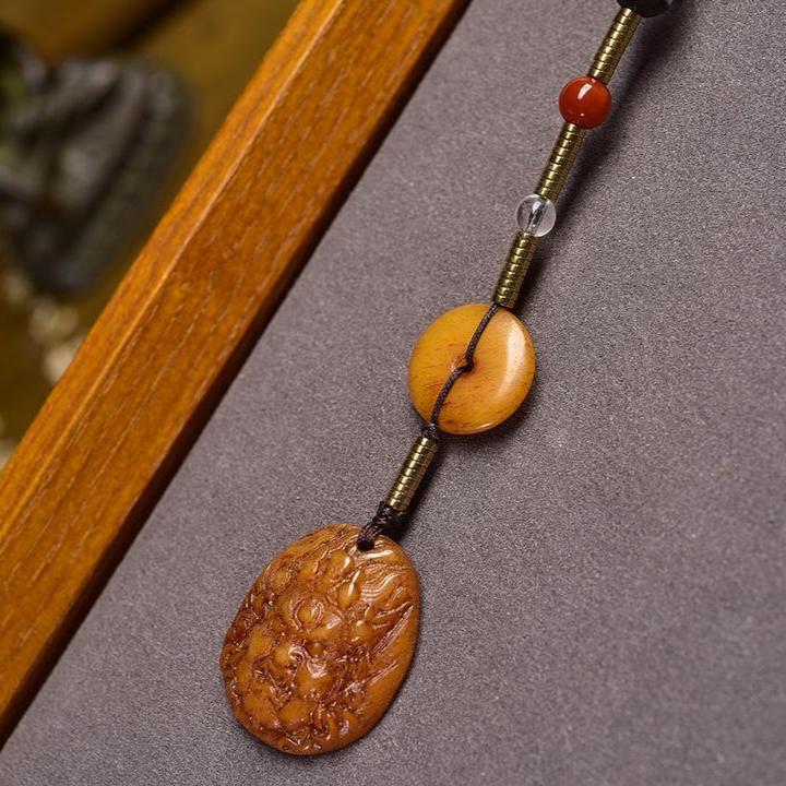 9 Eye Dzi Bead Necklace, Vintage Agate Amulet with Turquoise, Bronze Elephant Pendant, Natural Stone Mala Charm Jewelry
